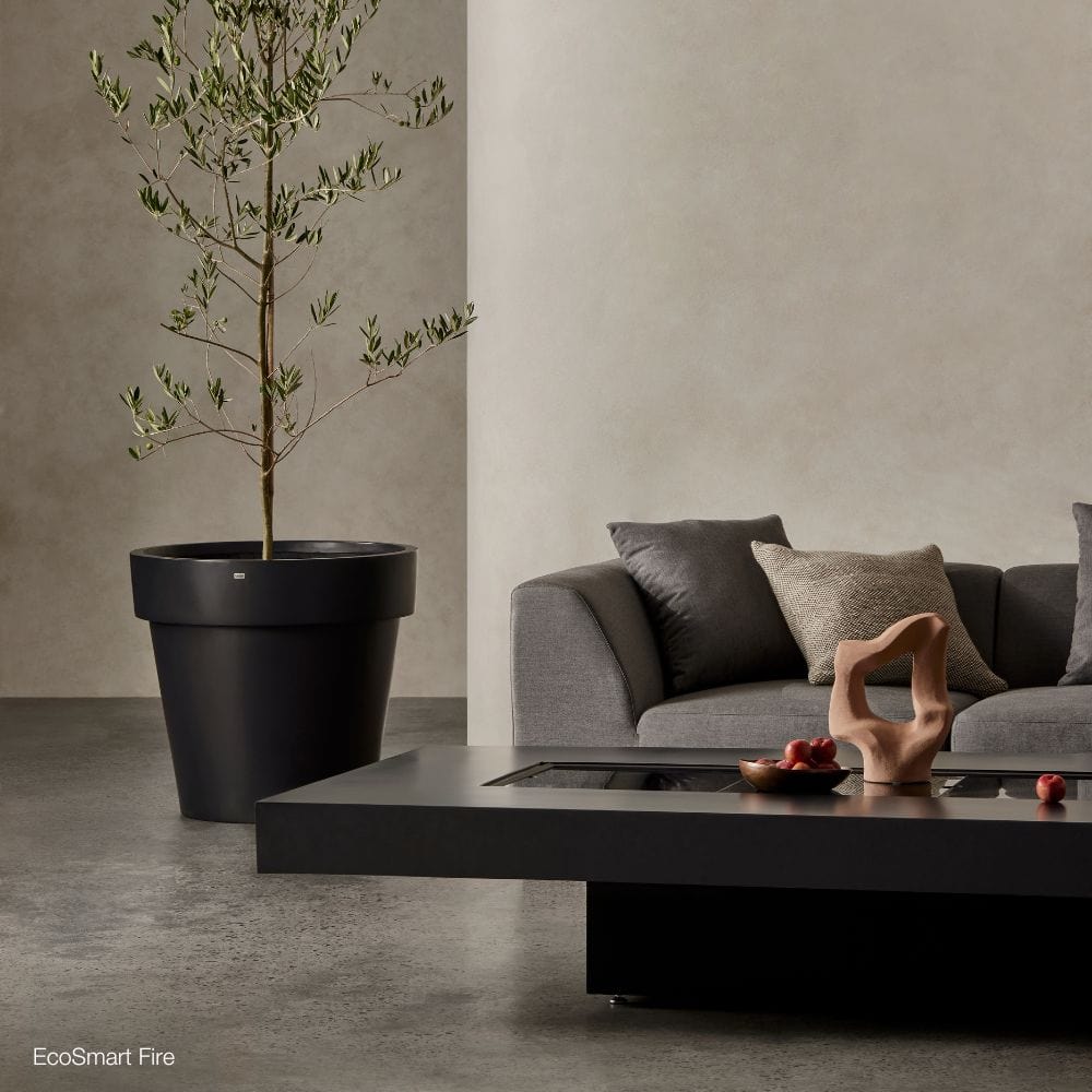 EcoSmart Fire Gin 90 Low Rectangular Fire Pit Table in japandi living room