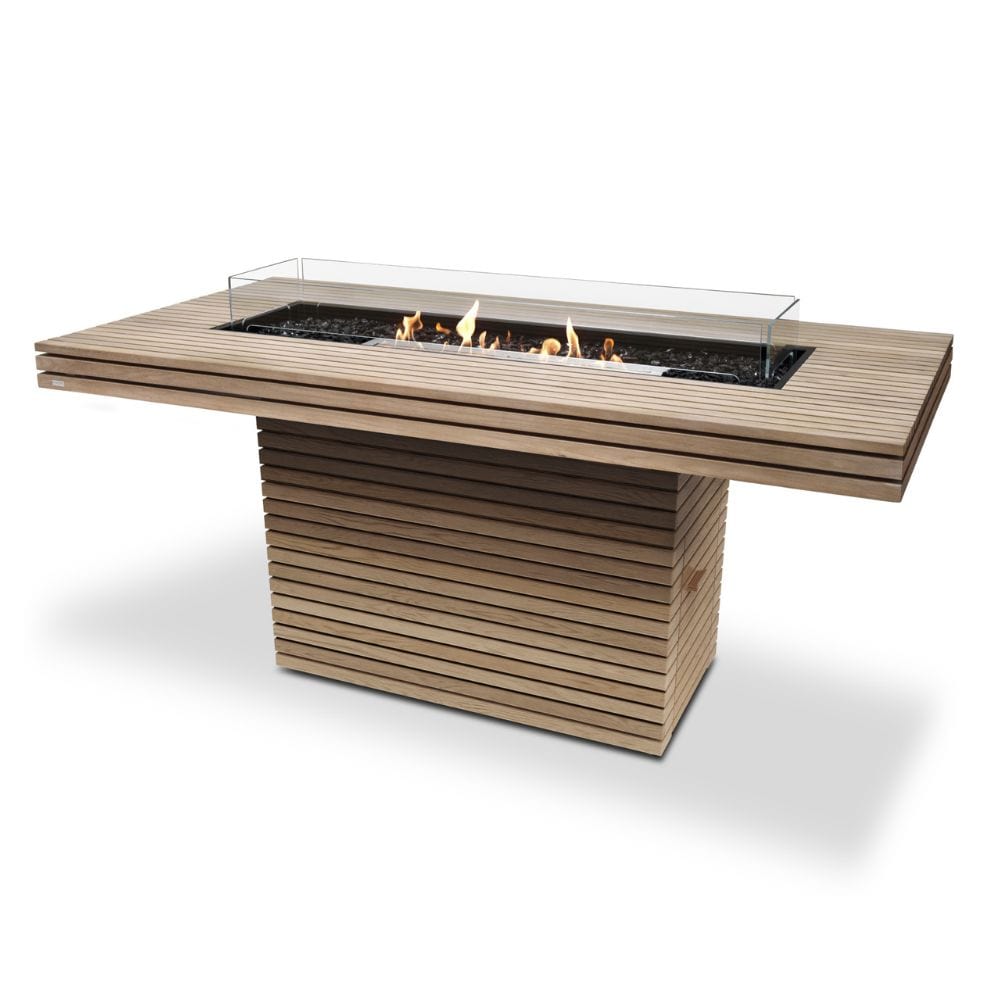 EcoSmart Fire Gin 90 Rectangular Bar Height Fire Pit Table in teak with ethanol burner