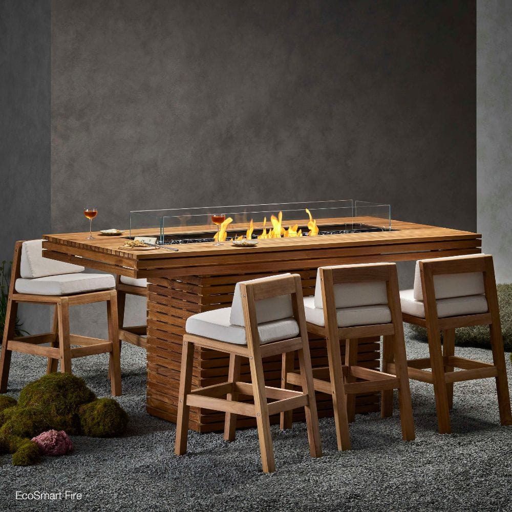 EcoSmart Fire Gin 90 Rectangular Bar Height Fire Pit Table in a minimalist outdoor space