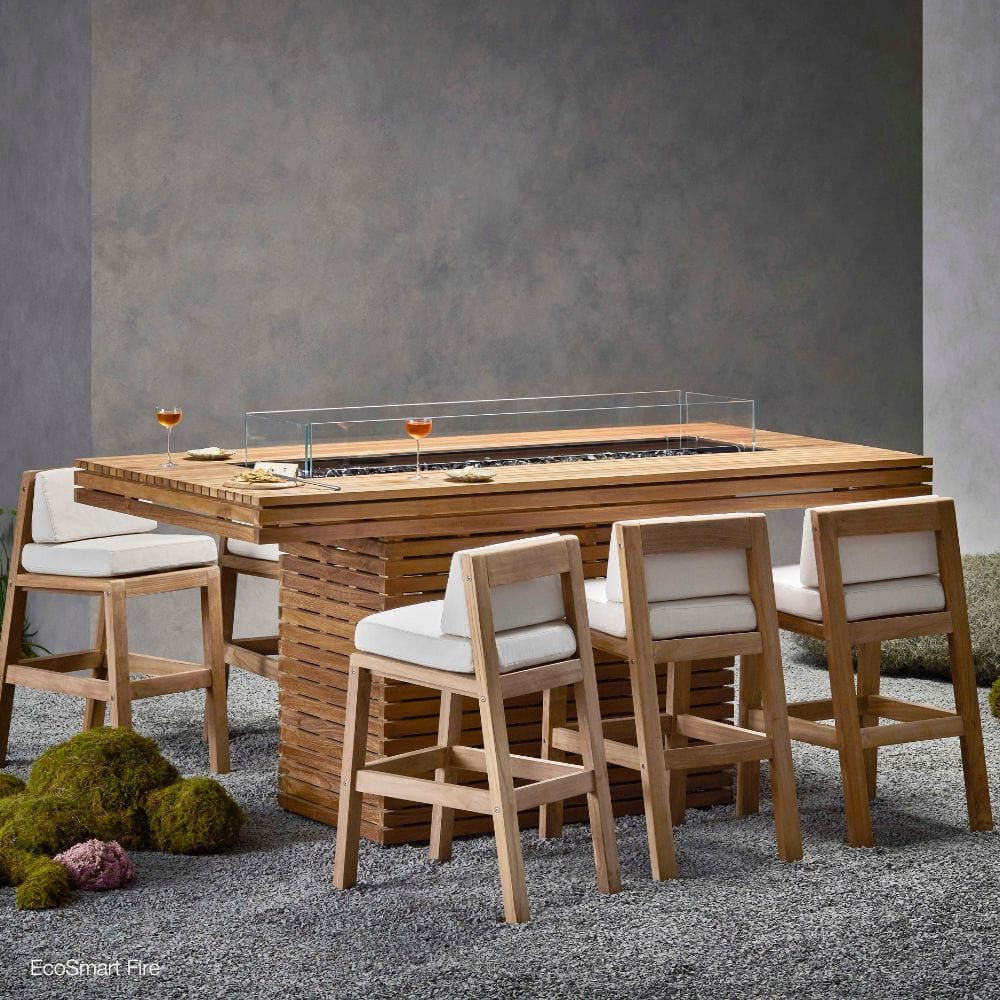 EcoSmart Fire Gin 90 Rectangular Bar Height Fire Pit Table in a japanese inspired patio