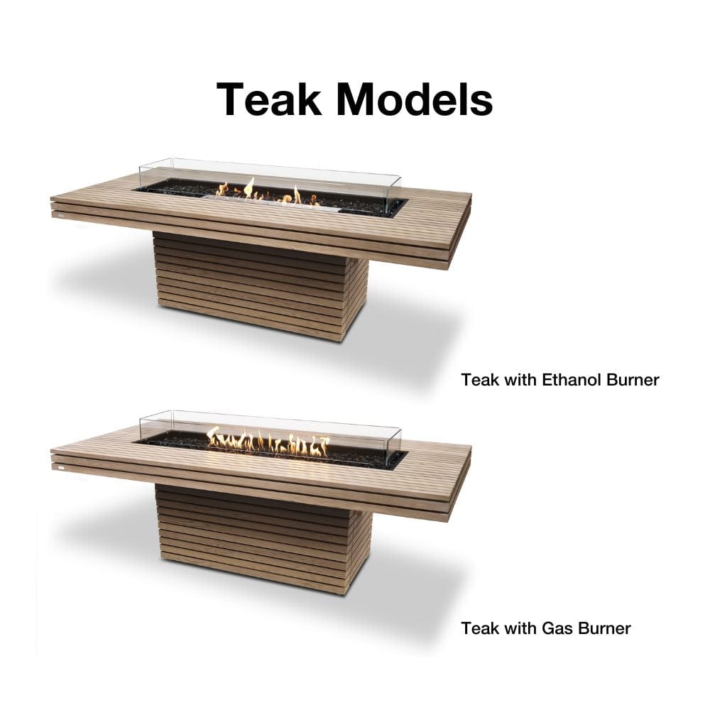 EcoSmart Fire Gin 90 Rectangular Dining Height Fire Pit Table in teak with ethanol burner