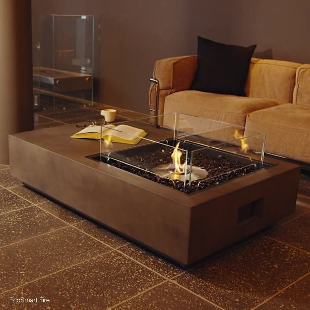 EcoSmart Fire Manhattan 50-Inch Compact Rectangular Fire Pit Table in a living room