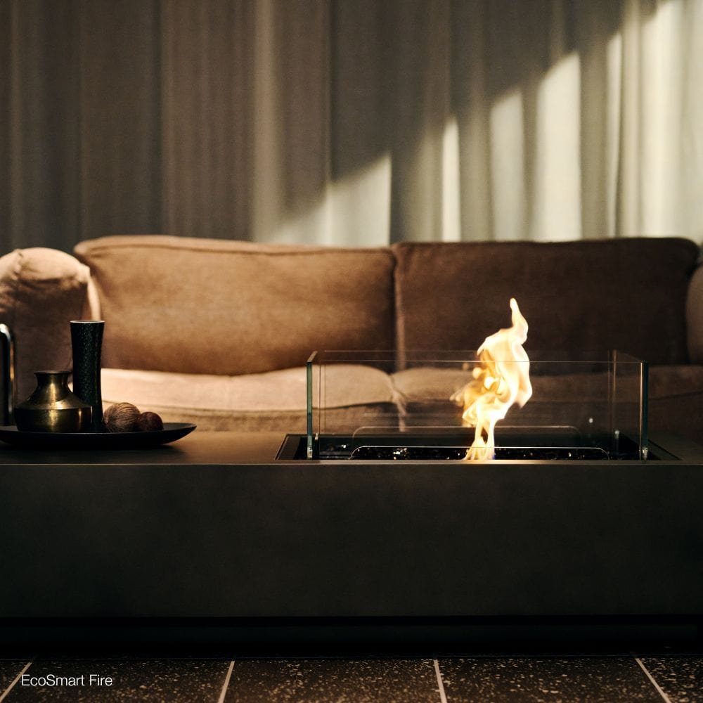 EcoSmart Fire Manhattan 50-Inch Compact Fire Pit Table with beverages on top