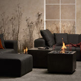 EcoSmart Fire Sidecar 24-Inch Square Fire Pit Table in Graphite along with the Cube Side Table in the living room