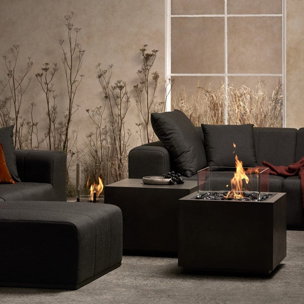 EcoSmart Fire Sidecar 24-Inch Square Fire Pit Table in Graphite along with the Cube Side Table in the living room