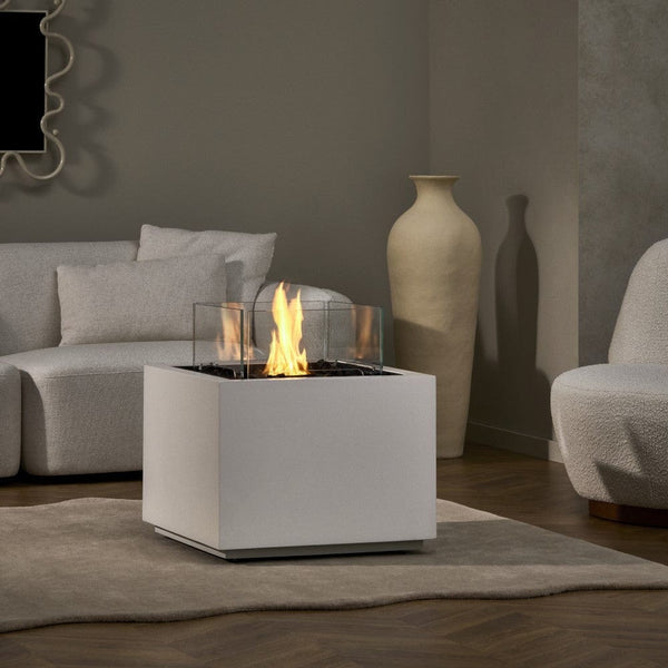 EcoSmart Fire Sidecar 24-Inch Square Fire Pit Table in Bone at the living room
