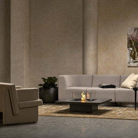 EcoSmart Fire's Vertigo Square Fire Pit Table, accompanied by a Square Fire Screen, offers a stylish and functional addition