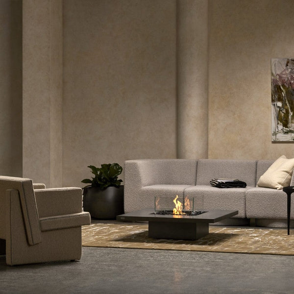 EcoSmart Fire's Vertigo Square Fire Pit Table, accompanied by a Square Fire Screen, offers a stylish and functional addition