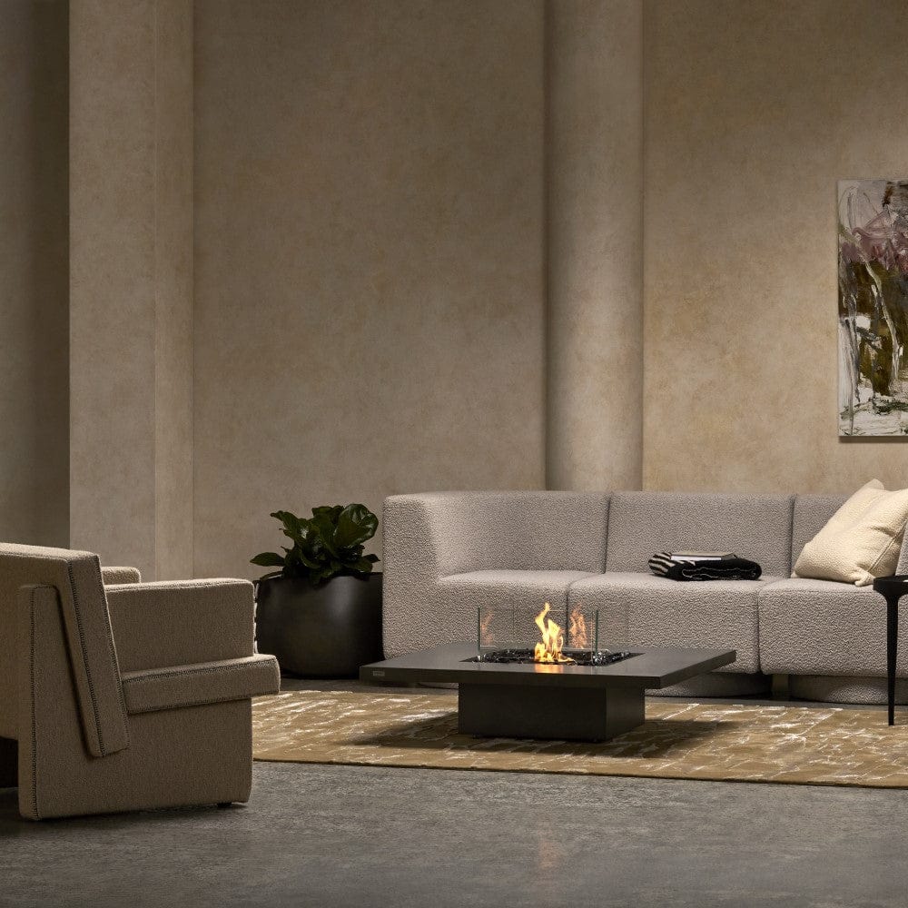 EcoSmart Fire&#39;s Vertigo Square Fire Pit Table, accompanied by a Square Fire Screen, offers a stylish and functional addition to your living room decor.