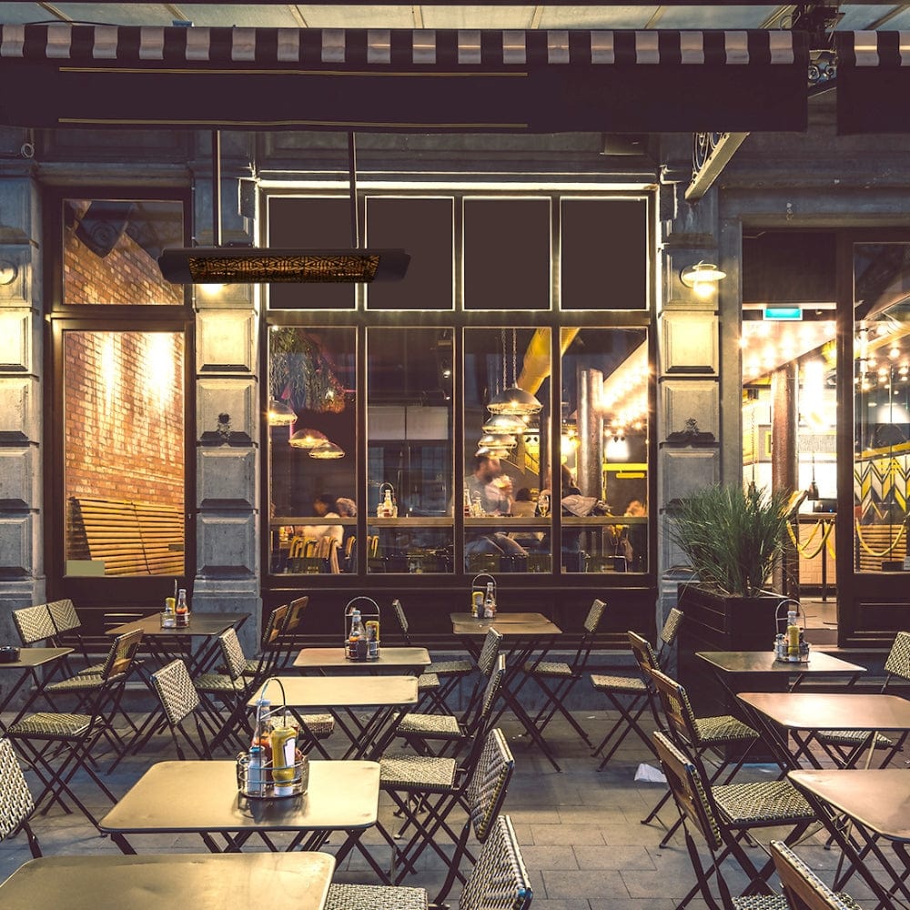 Eurofase 1500W Electric Heater with Mason Decor Plate on a restaurant&#39;s patio