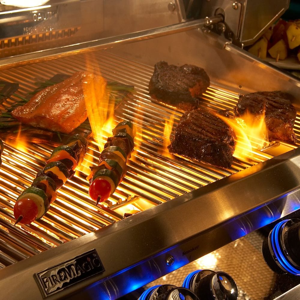 grilling steaks and kebabs on the fire magic grill - detail view