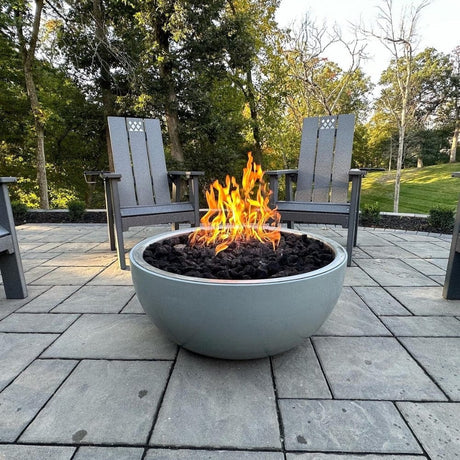 HPC 35-Inch Aluminum Gas Fire Bowl with concrete finish as a patio centerpiece - side view