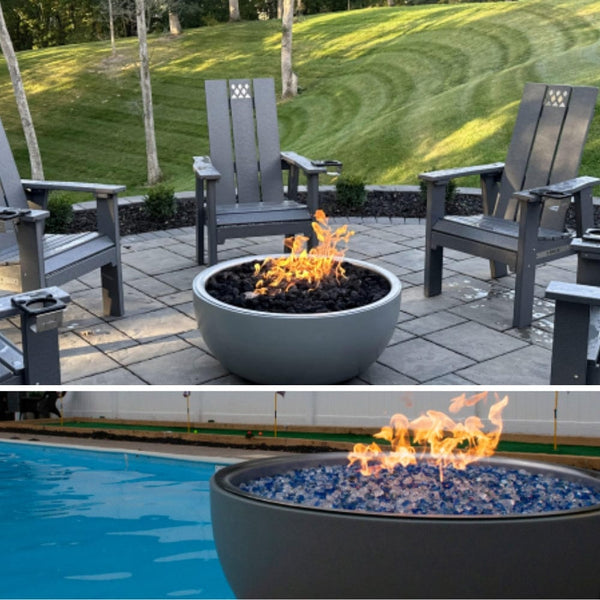 HPC 35-Inch Aluminum Gas Fire Bowl by the pool - detail view