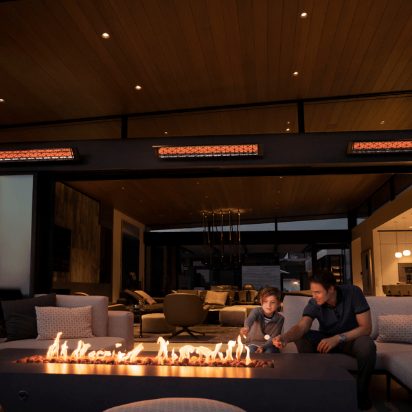 Infratech CD Series Dual Element Infrared Electric Heater mounted near fire pit - side view