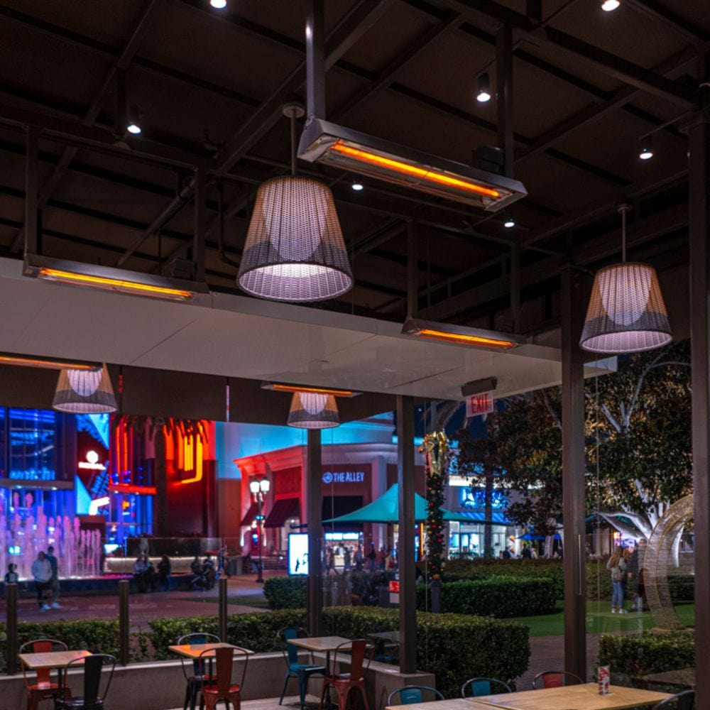 Infratech WD Series 39" Dual Element Electric Heater at a restaurant patio - angle view