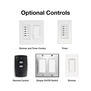 optional dimmer, timer, remote, and switch