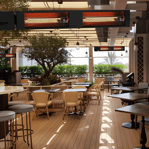 King Electric SmartWave Infrared Radiant Patio Heaters are installed at a commercial lounge.