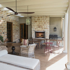 Majestic Vesper Vent-Free Outdoor Gas Fireplace under a pergola