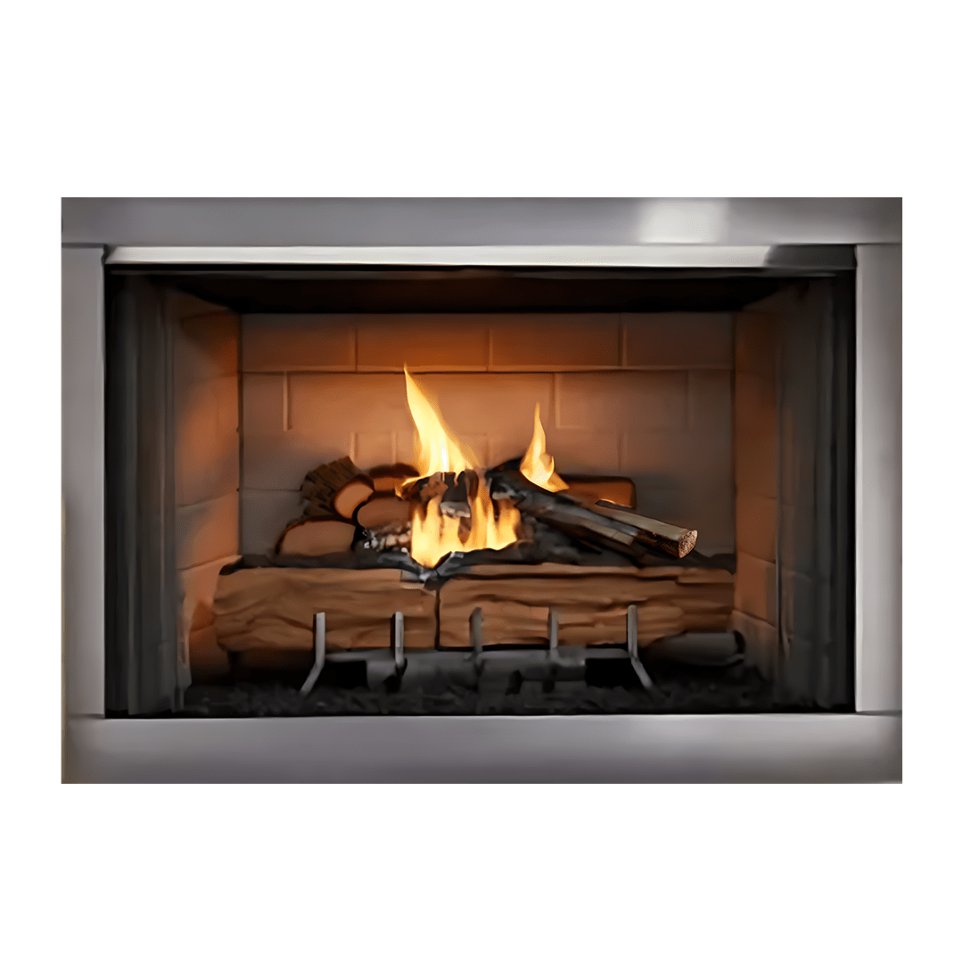 Majestic Vesper Vent-Free Outdoor Gas Fireplace with stainless steel trim - angle view