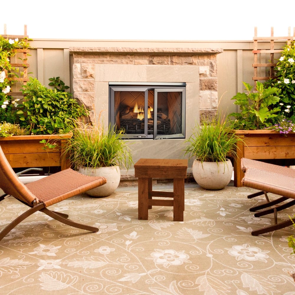 Majestic Vesper Vent-Free Outdoor Gas Fireplace with a brick styled enclosure - detail view