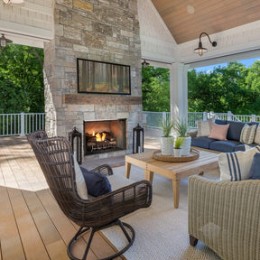 Majestic Vesper Vent-Free Outdoor Gas Fireplace on a terrace - side view
