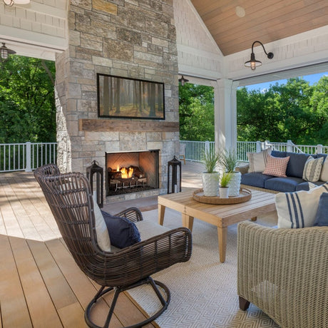 Majestic Vesper Vent-Free Outdoor Gas Fireplace on a terrace - side view