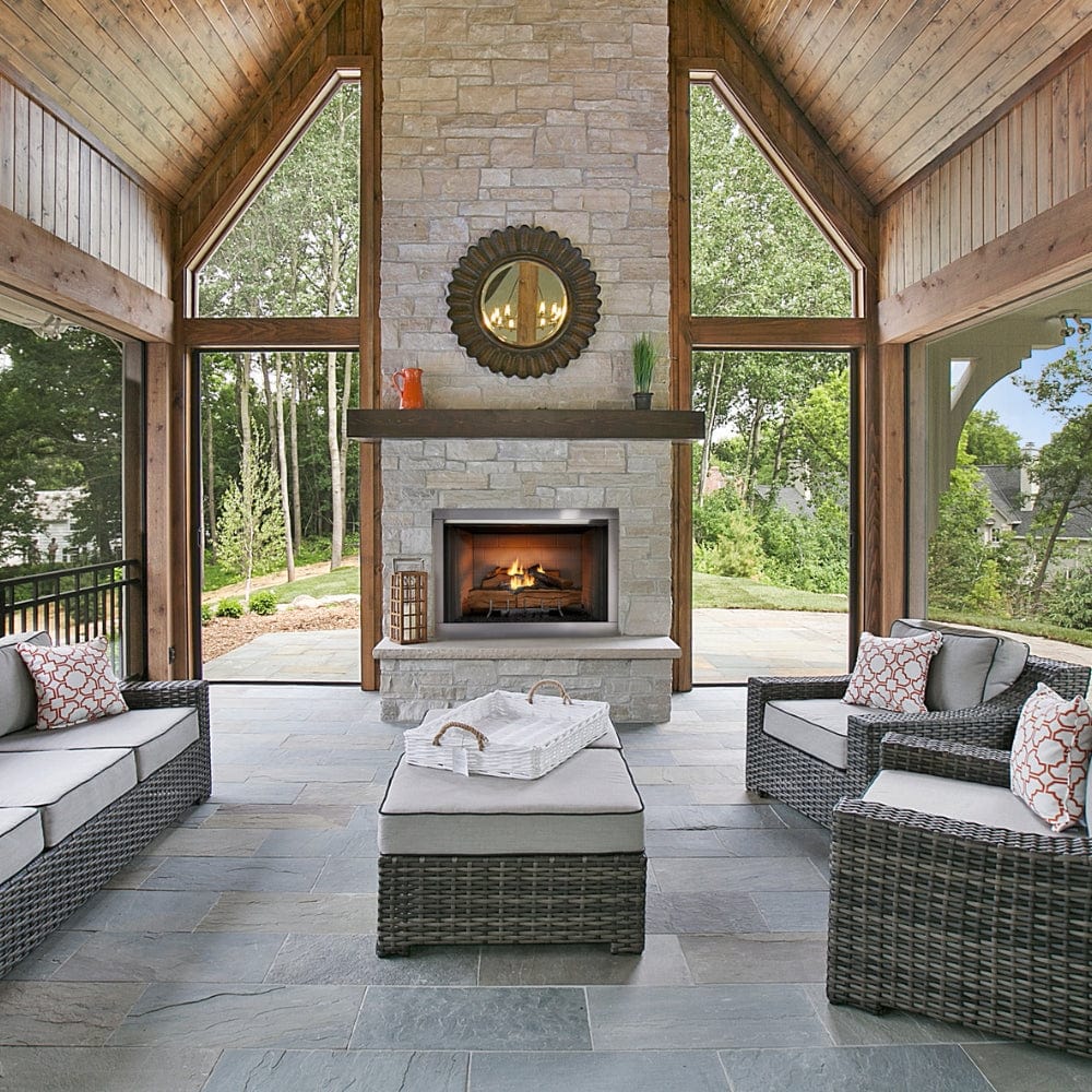 Majestic Vesper Vent-Free Outdoor Gas Fireplace in a cozy cabin styled patio - installation view