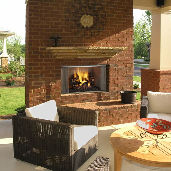 Majestic Villawood Outdoor Wood-Burning Fireplace on a cozy patio - side view