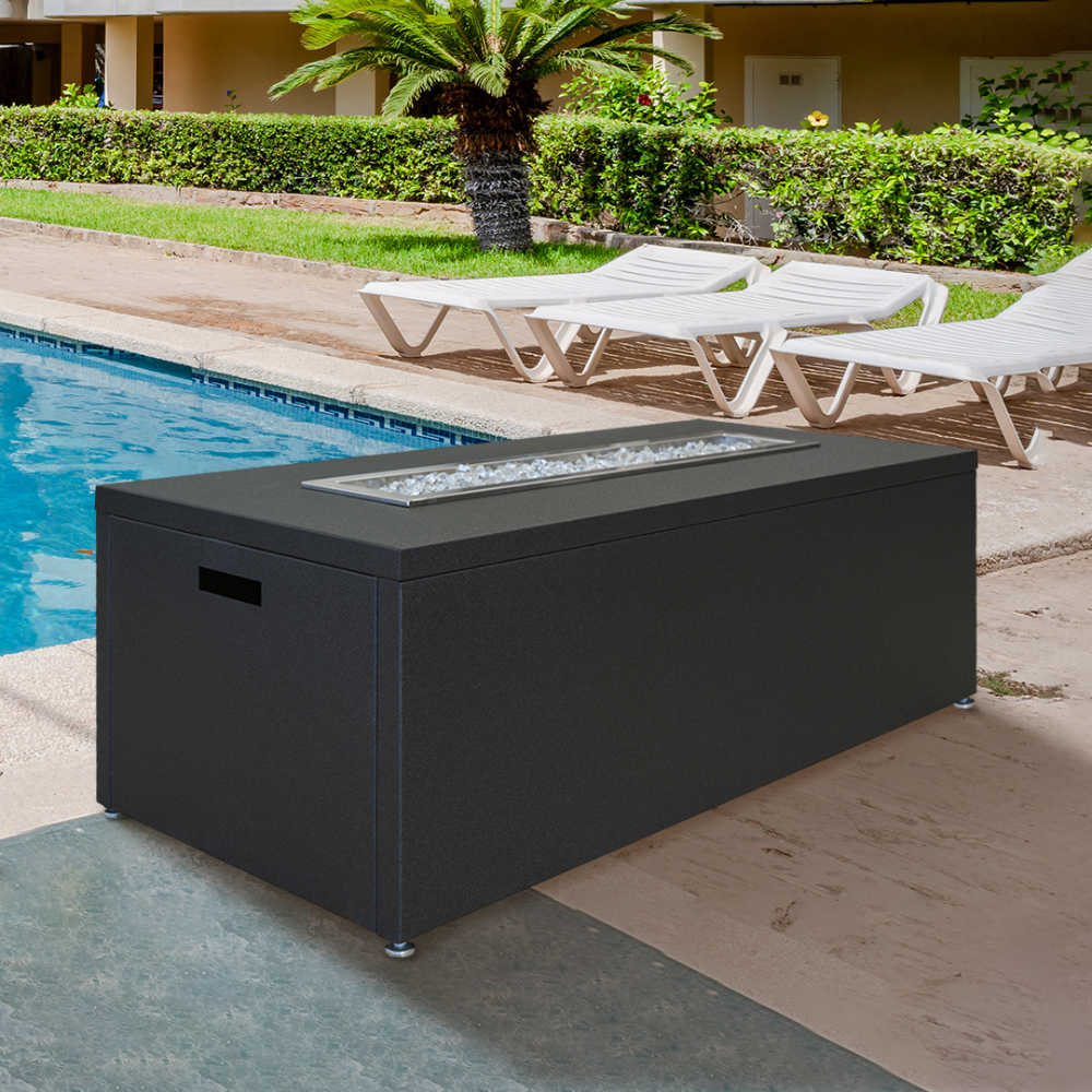 Modern Blaze Milan 54-Inch Aluminum Linear Gas Fire Pit Table at a backyard