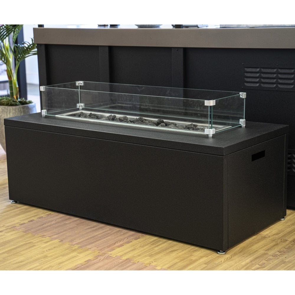 Modern Blaze Milan Linear Gas Fire Pit Table in a showroom