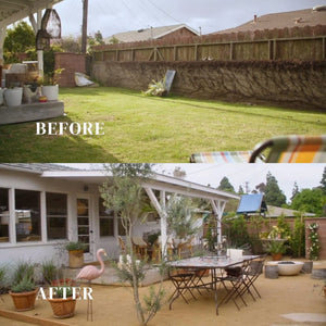 before and after backyard makeover with the white modern blaze gas fire bowl