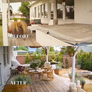 before and after patio makeover with the white modern blaze gas fire bowl 