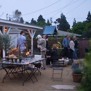 white modern blaze gas fire bowl in an evening backyard party