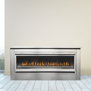 Montigo Mahana PL60VO Outdoor Fireplace on a wood deck