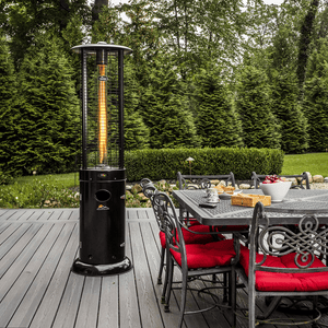 Paragon Outdoor Helios Round Propane Patio Heater in Black on a wood deck