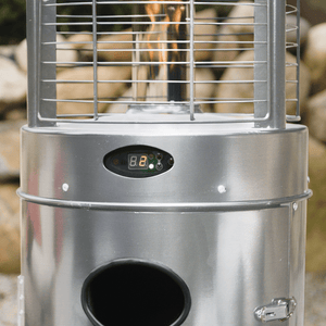 Close up on the Paragon Outdoor Helios Round Propane Patio Heater in Stainless Steel