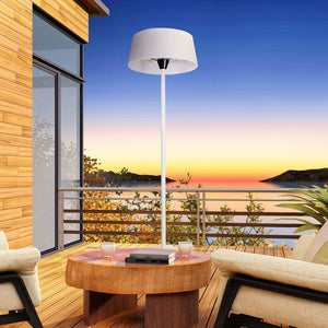 paragon outdoor sol electric heater in white on a terrace