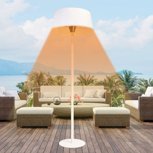 paragon outdoor sol electric heater in white overlooking a lake