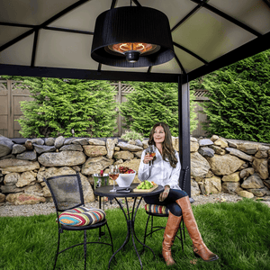 paragon outdoor SOL pendant black electric heater at a backyard