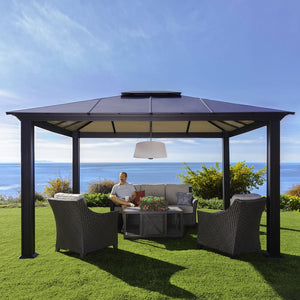 paragon outdoor SOL pendant electric heater in white under a pergola