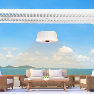 paragon outdoor SOL pendant white electric heater on a patio overlooking the sea