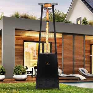 Paragon Outdoor Vesta Flame Tower Propane Patio Heater in Black at a backyard