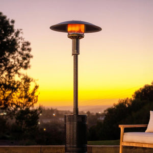 patio comfort jet silver propane patio heater in an outdoor space with sunset view