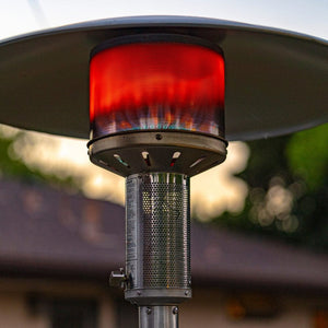 close up on patio comfort npc05ss stainless steel gas patio heater at the backyard