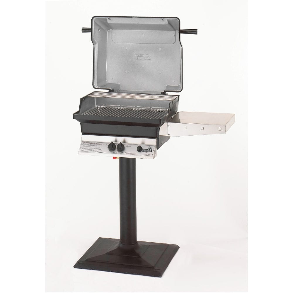 Side View of PGS A30 Gas Grill with Permanent Post and Base, hood open