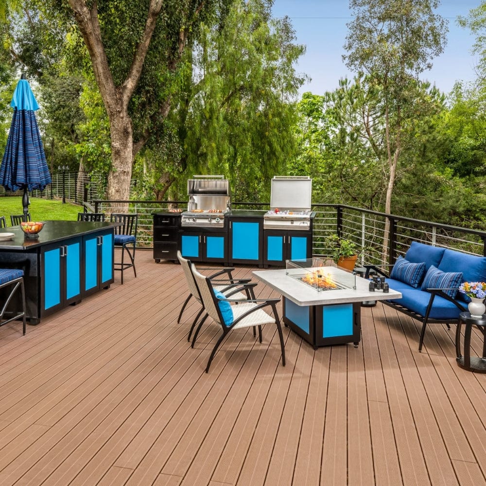 Performance Grilling Systems Legacy S27T Gas Grill built into a a black and blue island
