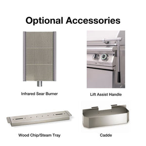 optional infrared sear burner, lift assist handle, wood chip tray, and cadde