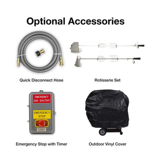 optional quick disconnect hose, rotisserie set, emergency stop, and cover