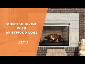 montigo divine ventless outdoor gas fireplace with driftwood logs