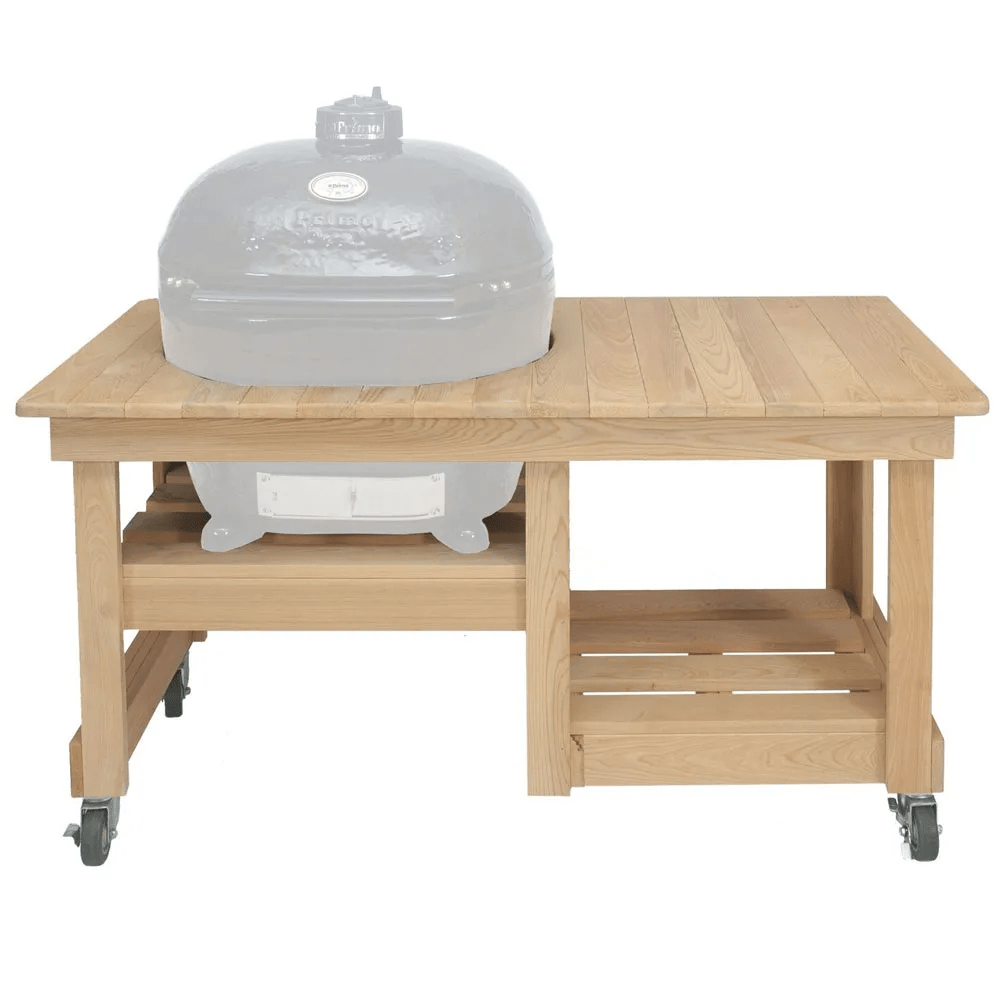 A gray ceramic grill on a wooden cart